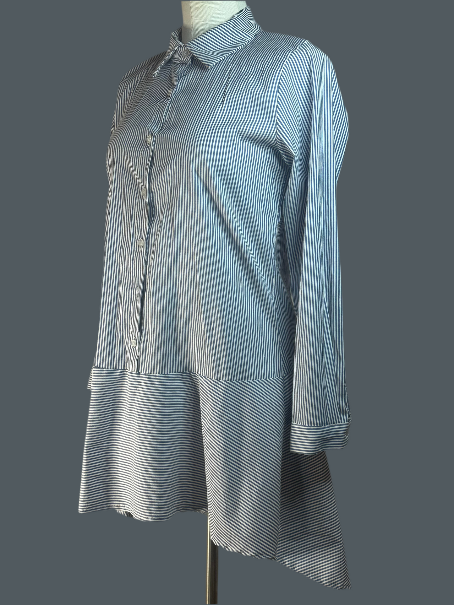 Blouse Long Button Up - Blue and White
