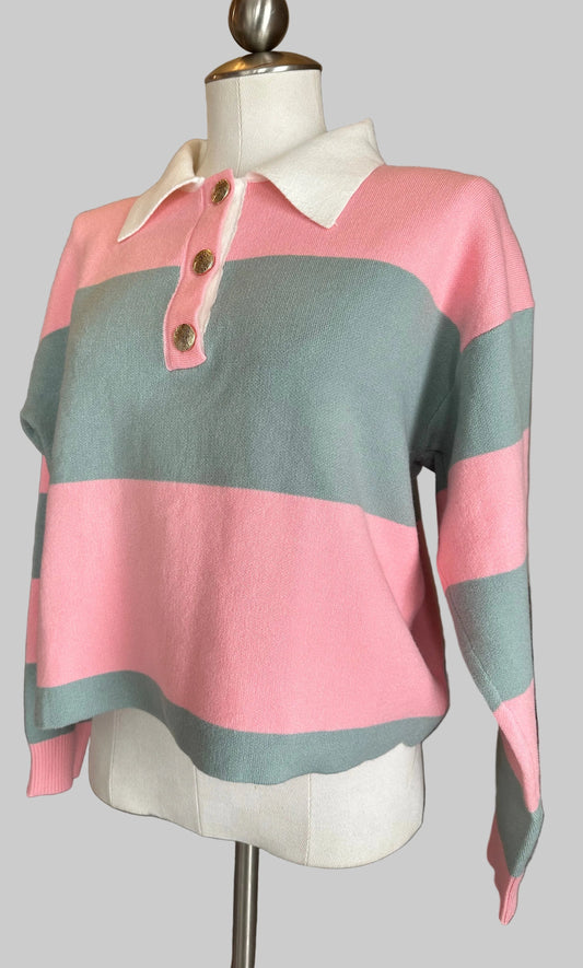 #Cherry Paris - Golden Button Polo Cropped Striped Sweater