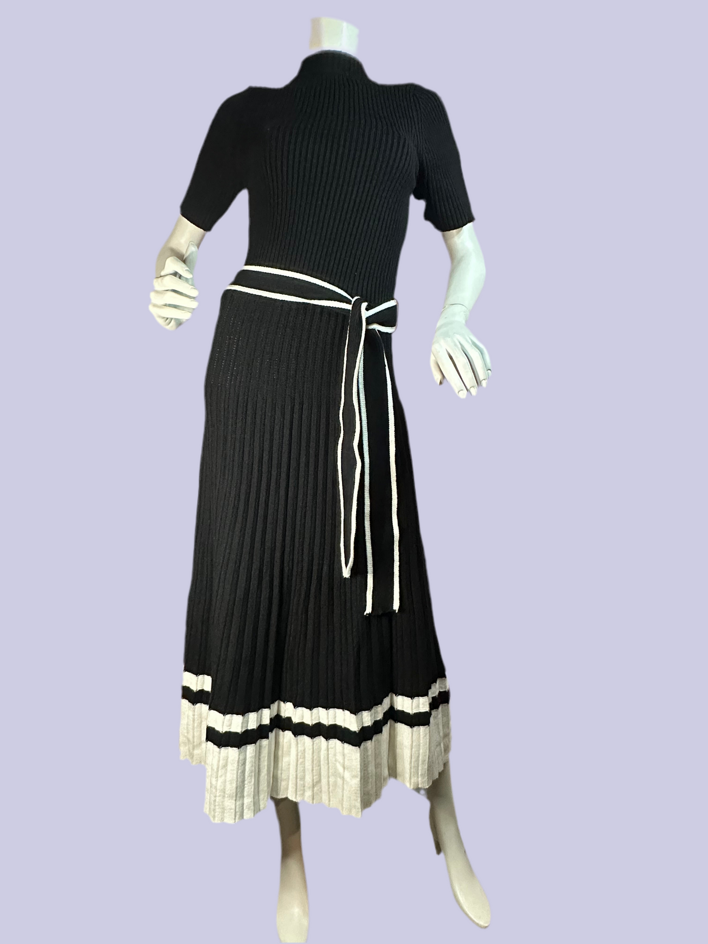 EB LUXE Dress - Contrasting Edging Rib-Knit Pleated Dress - BNWT